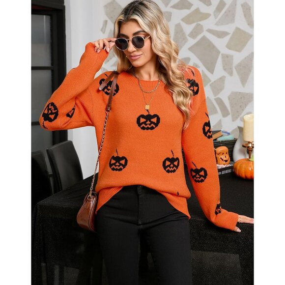 Women's Orange Pumpkin Sweater Crew Neck Long Sleeve Halloween Pullover - Picture 7 of 7